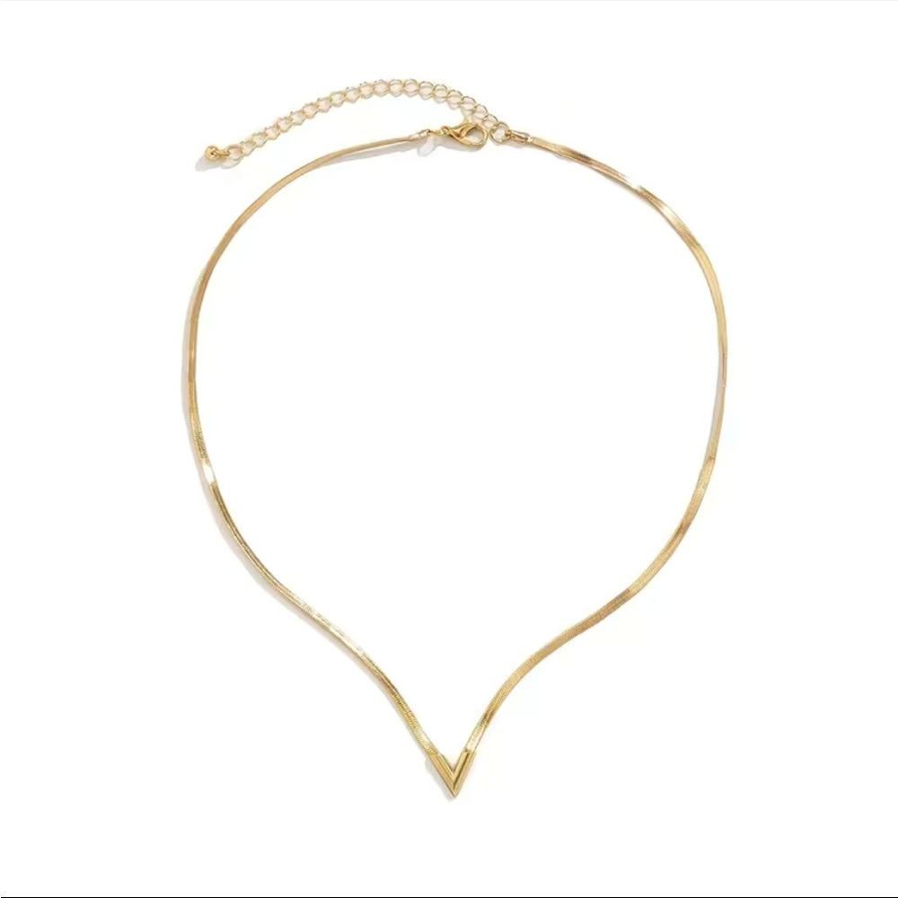 LAST ONE! Men’s - V Shaped Flat Snake Collarbone Chain herringbone Necklace Gold - Picture 8 of 9